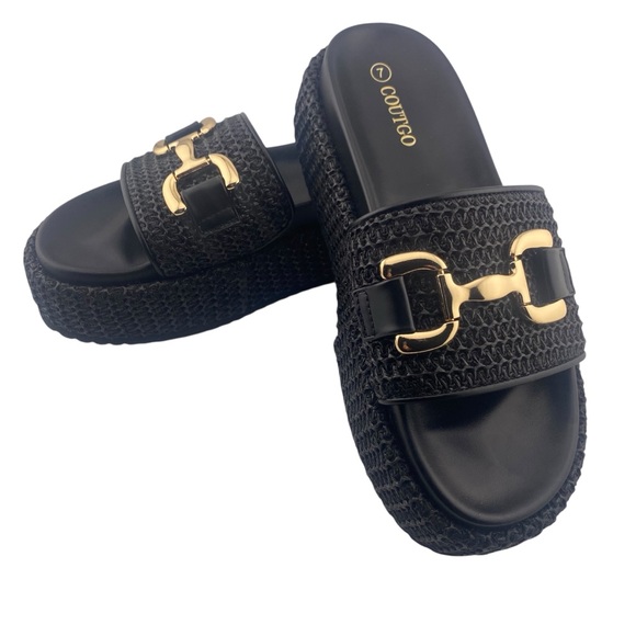 Coutgo Black Raffia Platform Gold Tone Metal Chain Sandals - Picture 1 of 6